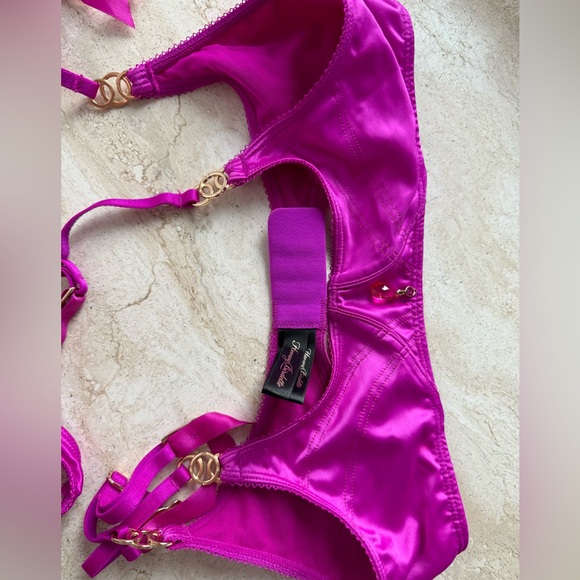 Honey Birdette Indya 3pc Set XS Bralette Garter & Thong Magenta Satin Lingerie - Picture 15 of 15